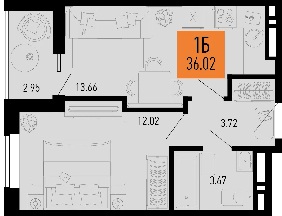 Планировка 1-комн. квартира, 36.02 м² ЖК «Столицыно»