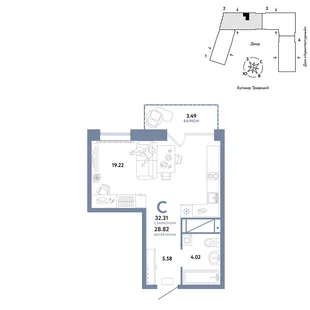 Планировка Студия, 32.31 м² ЖК «Микрорайон Домашний»