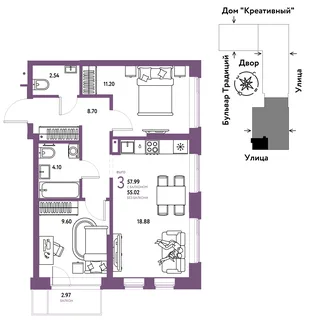 Планировка 3-комн. квартира, 57.99 м² ЖК «Микрорайон Домашний»