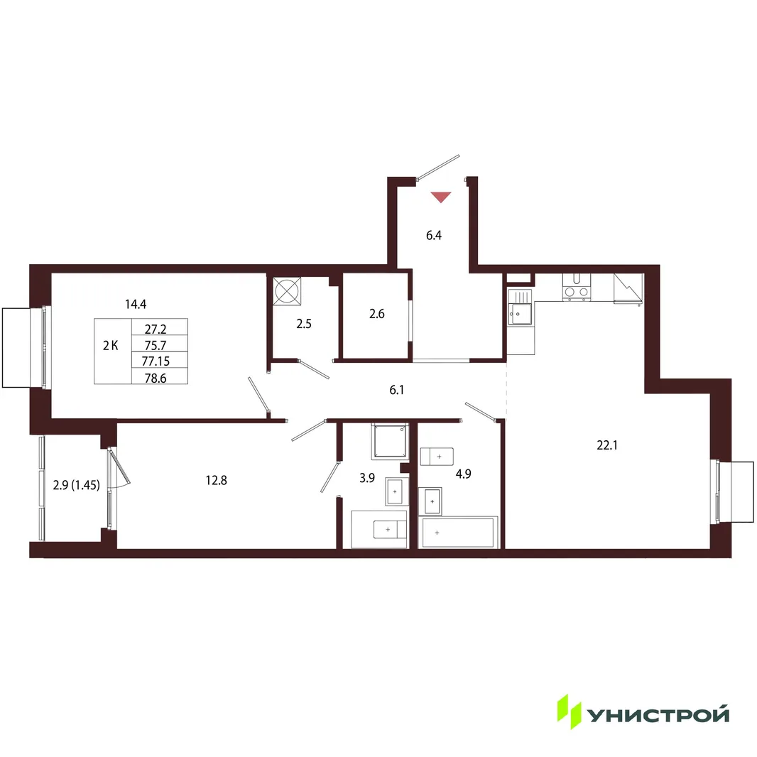 Планировка 2-комн. квартира, 77.15 м² ЖК «Лисино»