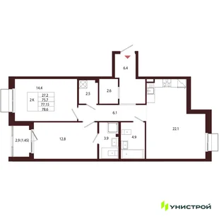 Планировка 2-комн. квартира, 77.15 м² ЖК «Лисино»