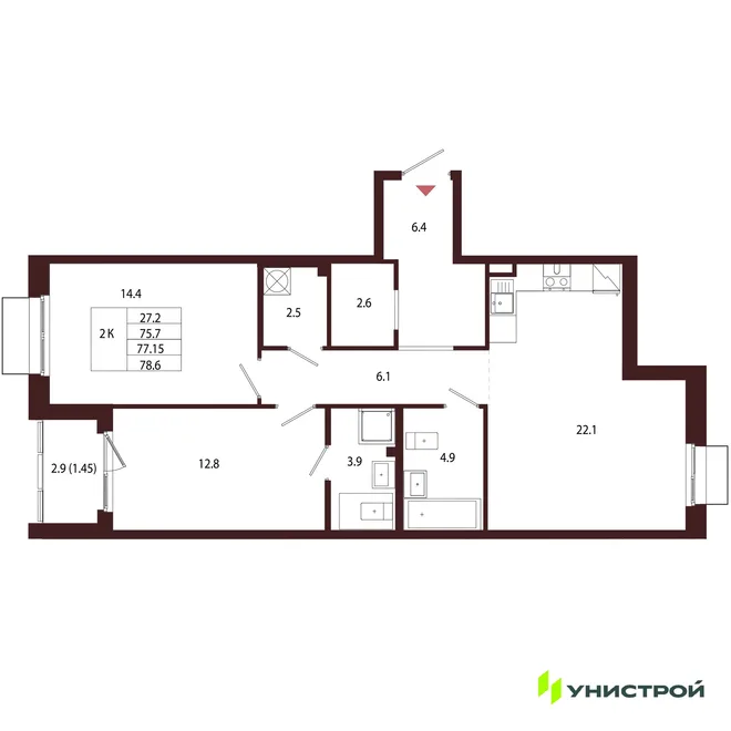 Планировка 2-комн. квартира, 77.15 м² ЖК «Лисино» Планировка 2-комн. квартира, 77.15 м² ЖК «Лисино»