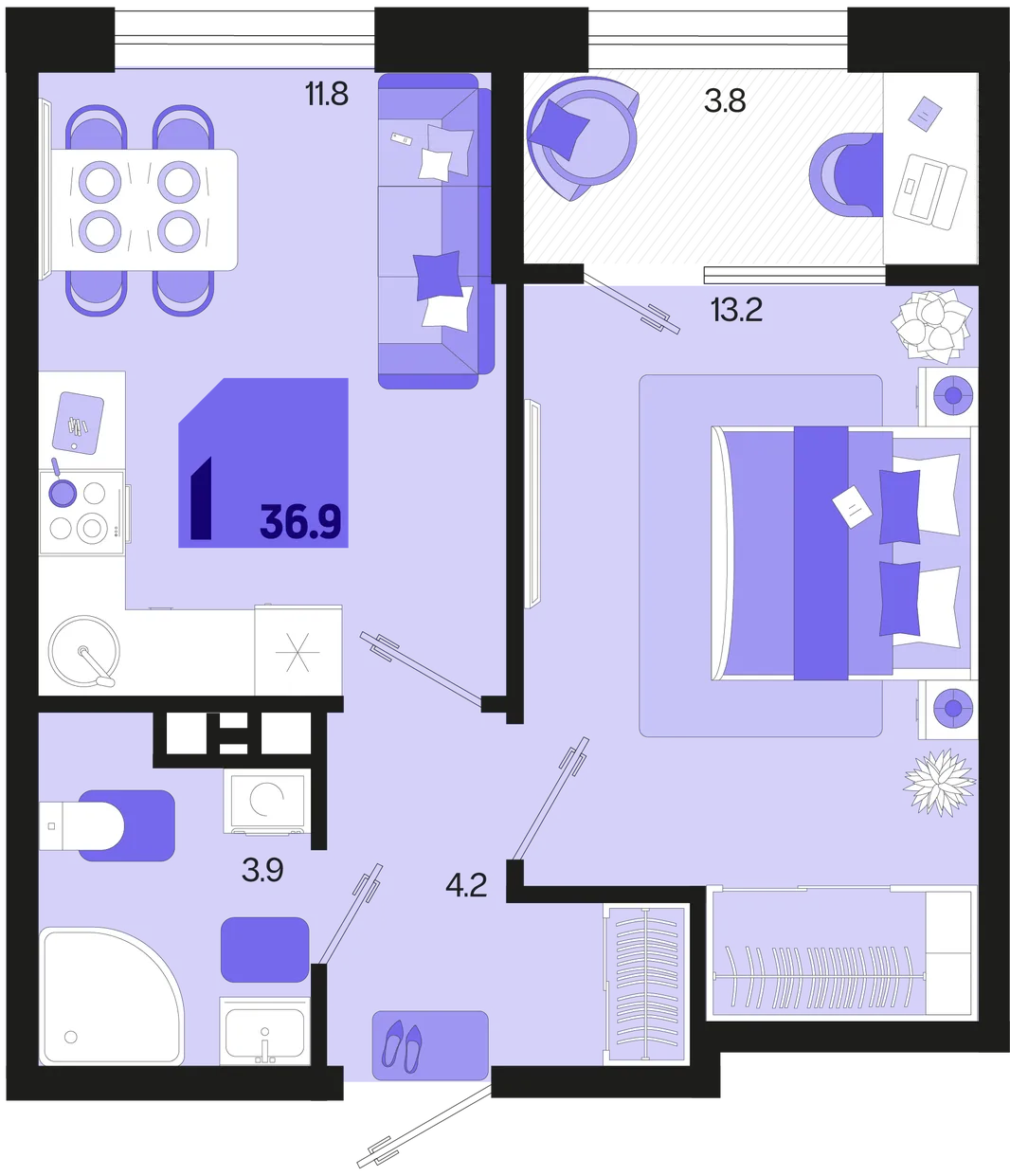 Планировка 1-комн. квартира, 36.9 м² ЖК «Первое место»