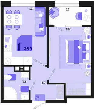 Планировка 1-комн. квартира, 36.9 м² ЖК «Первое место»