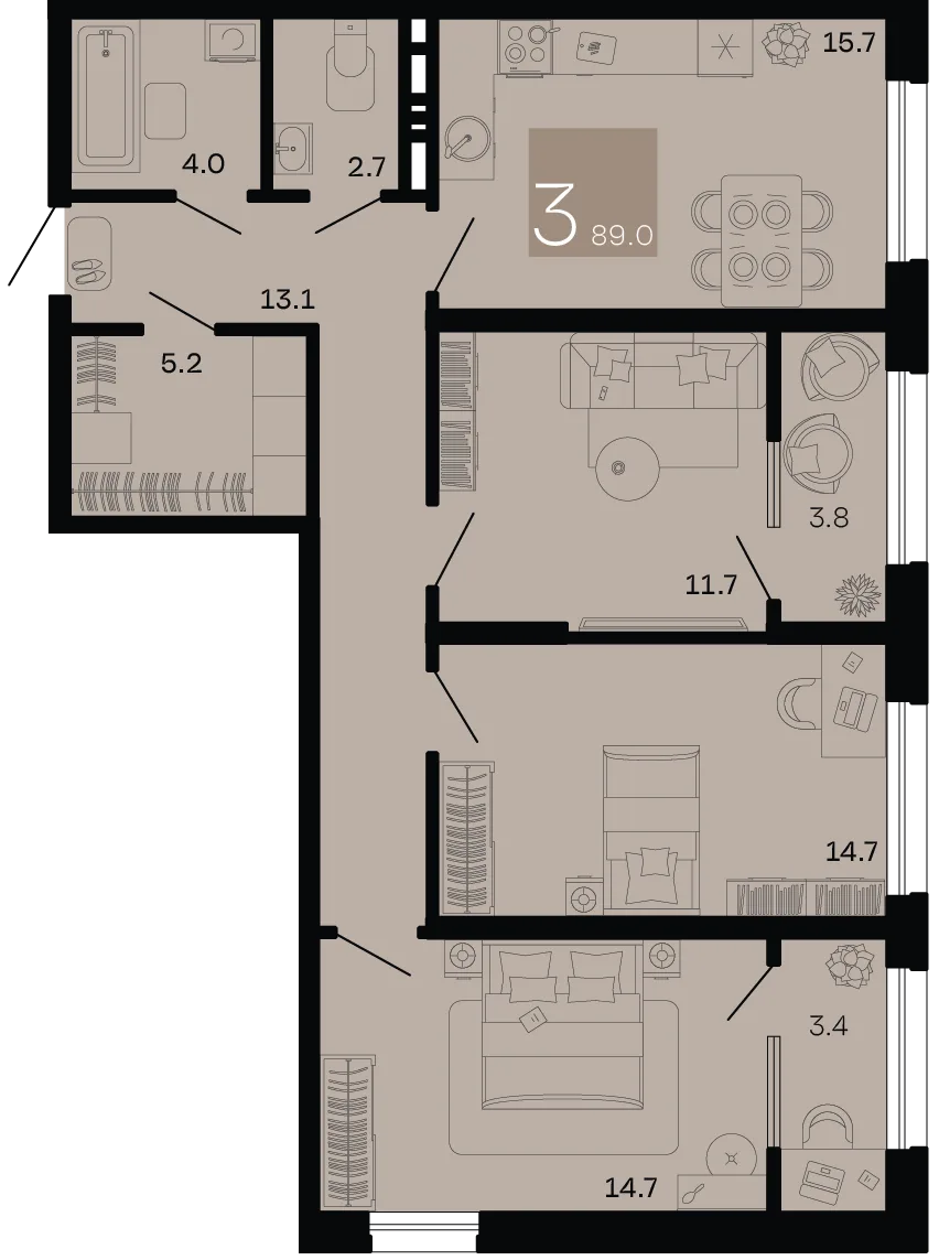 Планировка 3-комн. квартира, 89 м² ЖК «Хозяин морей»