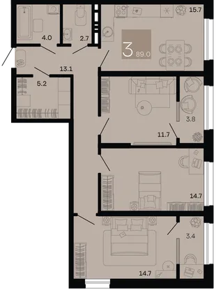 Планировка 3-комн. квартира, 89 м² ЖК «Хозяин морей»