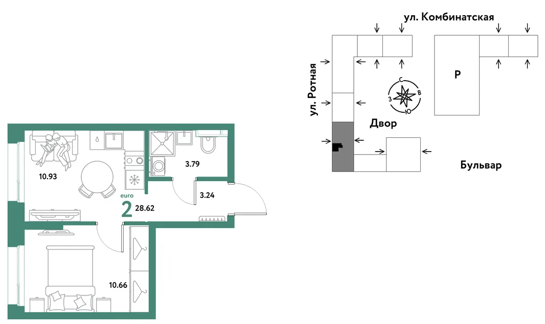 Планировка 2-комн. квартира, 28.44 м² ЖК «Уральский сад»