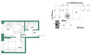 Планировка 2-комн. квартира, 28.44 м² ЖК «Уральский сад»