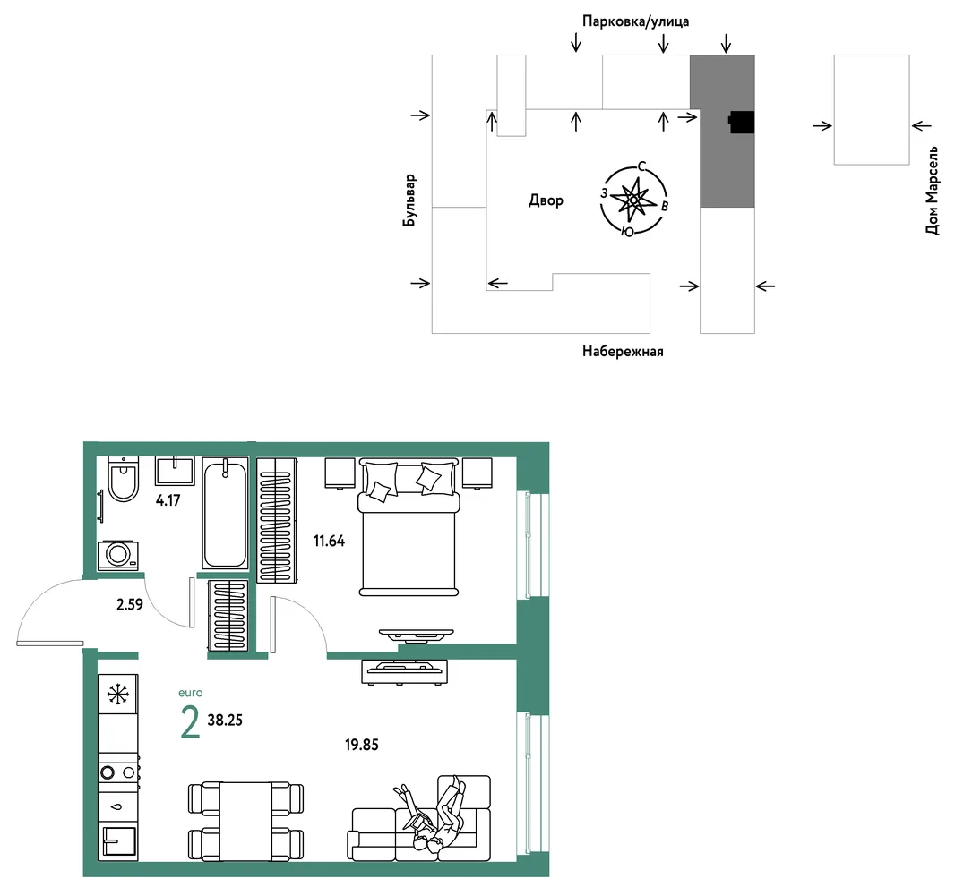 Планировка 2-комн. квартира, 38.25 м² ЖК «Европейский берег 2.0»