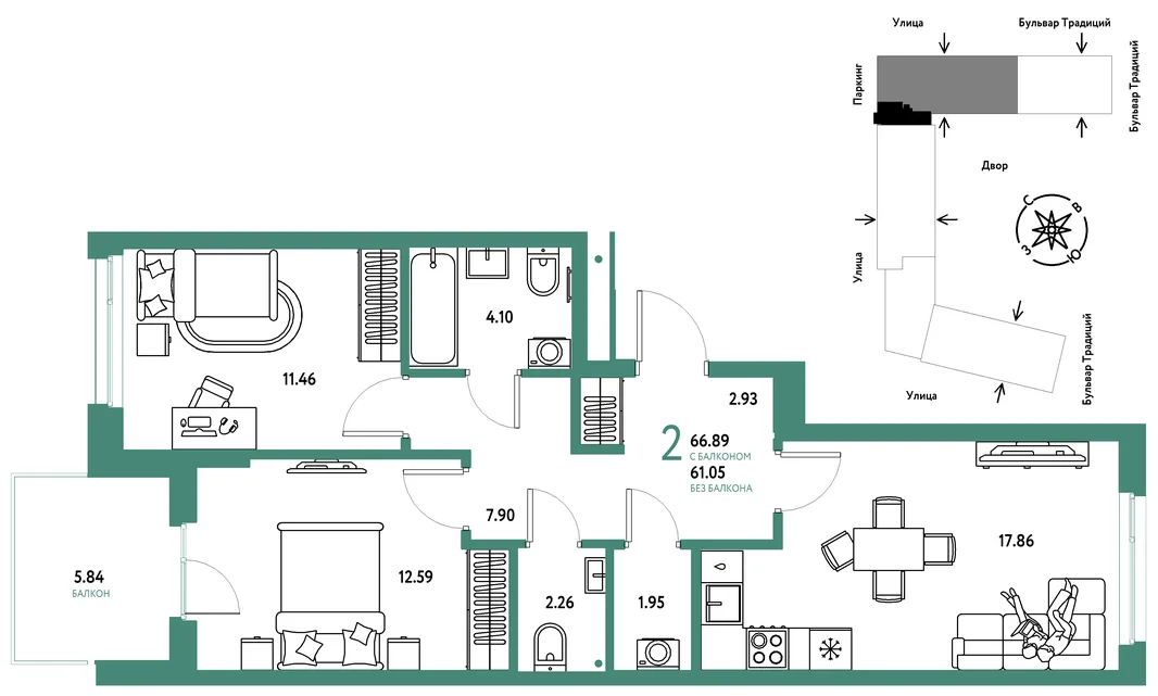 Планировка 2-комн. квартира, 66.89 м² ЖК «Микрорайон Домашний»