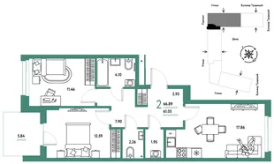Планировка 2-комн. квартира, 66.89 м² ЖК «Микрорайон Домашний»