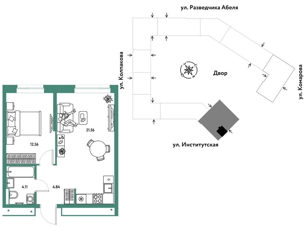 Планировка 2-комн. квартира, 43.07 м² ЖК «Страна.Парковая»