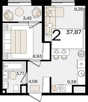 Планировка 2-комн. квартира, 37.87 м² ЖК «Патрики»