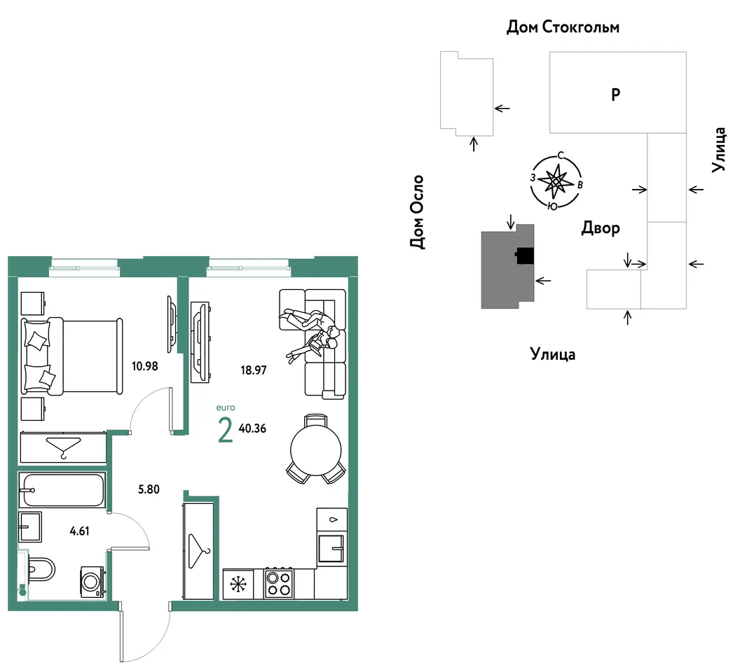 Планировка 2-комн. квартира, 40.36 м² ЖК «Европейский берег 2.0»