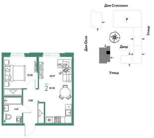 Планировка 2-комн. квартира, 40.36 м² ЖК «Европейский берег 2.0»