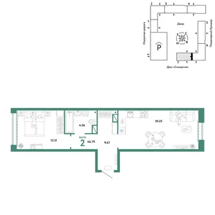Планировка 2-комн. квартира, 46.79 м² ЖК «Юнион»