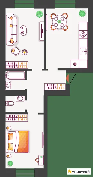 Планировка 2-комн. квартира, 63.39 м² ЖК «Южный бульвар 2»