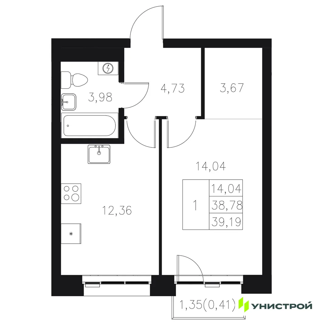 Планировка 1-комн. квартира, 39.19 м² ЖК «Statum»
