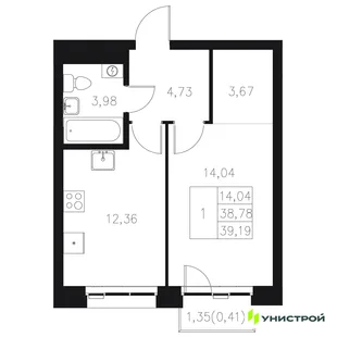 Планировка 1-комн. квартира, 39.19 м² ЖК «Statum»