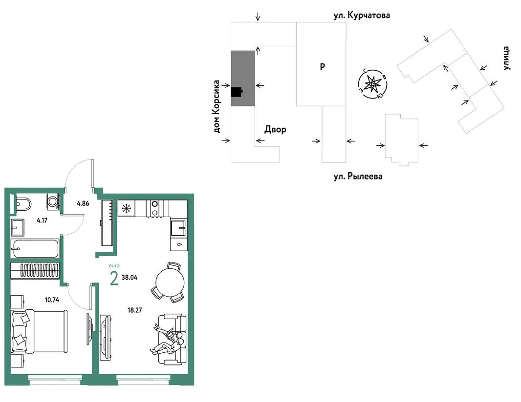 Планировка 2-комн. квартира, 38.03 м² ЖК «Остров-сад»