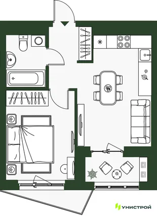 Планировка 1-комн. квартира, 36.72 м² ЖК «Парковый квартал 2.0»