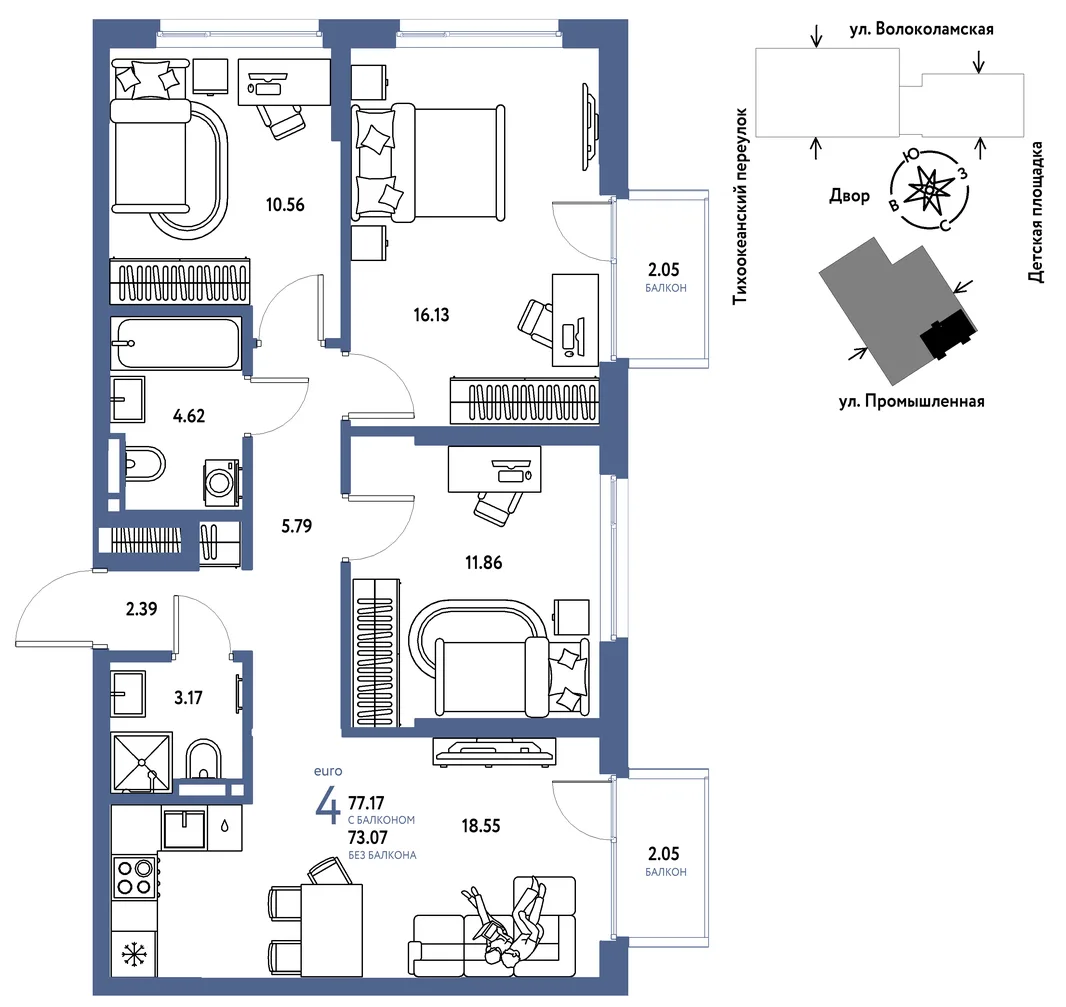 Планировка 4-комн. квартира, 77.17 м² ЖК «Страна Прибрежная»
