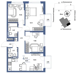 Планировка 4-комн. квартира, 77.17 м² ЖК «Страна Прибрежная»