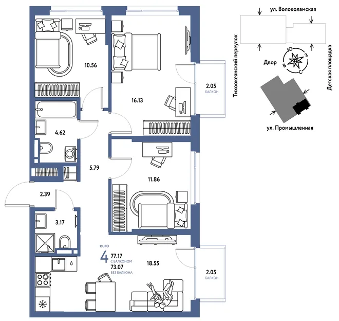 Планировка 4-комн. квартира, 77.17 м² ЖК «Страна Прибрежная» Планировка 4-комн. квартира, 77.17 м² ЖК «Страна Прибрежная»
