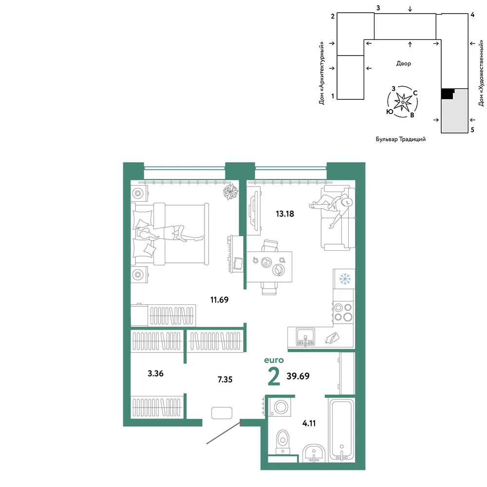 Планировка 2-комн. квартира, 39.69 м² ЖК «Микрорайон Домашний»