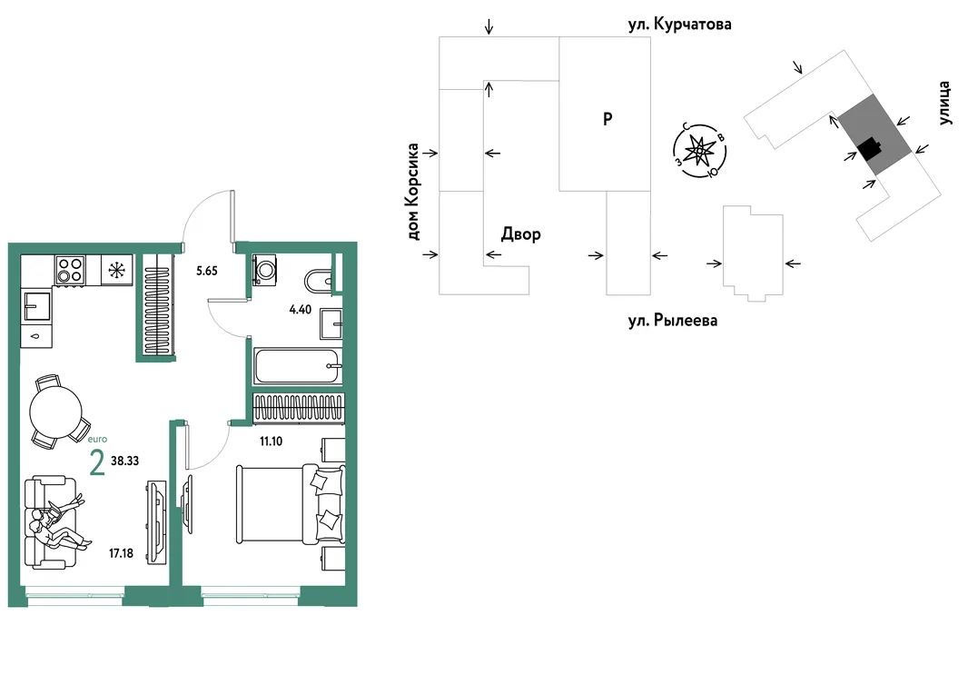 Планировка 2-комн. квартира, 38.68 м² ЖК «Остров-сад»