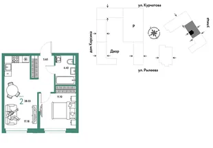 Планировка 2-комн. квартира, 38.68 м² ЖК «Остров-сад»