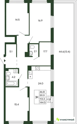 Планировка 3-комн. квартира, 113.3 м² ЖК «Парковый квартал 2.0»
