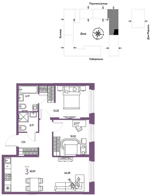 Планировка 3-комн. квартира, 63.01 м² ЖК «Европейский берег 2.0»