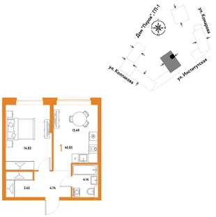 Планировка 1-комн. квартира, 40.85 м² ЖК «Страна.Парковая»