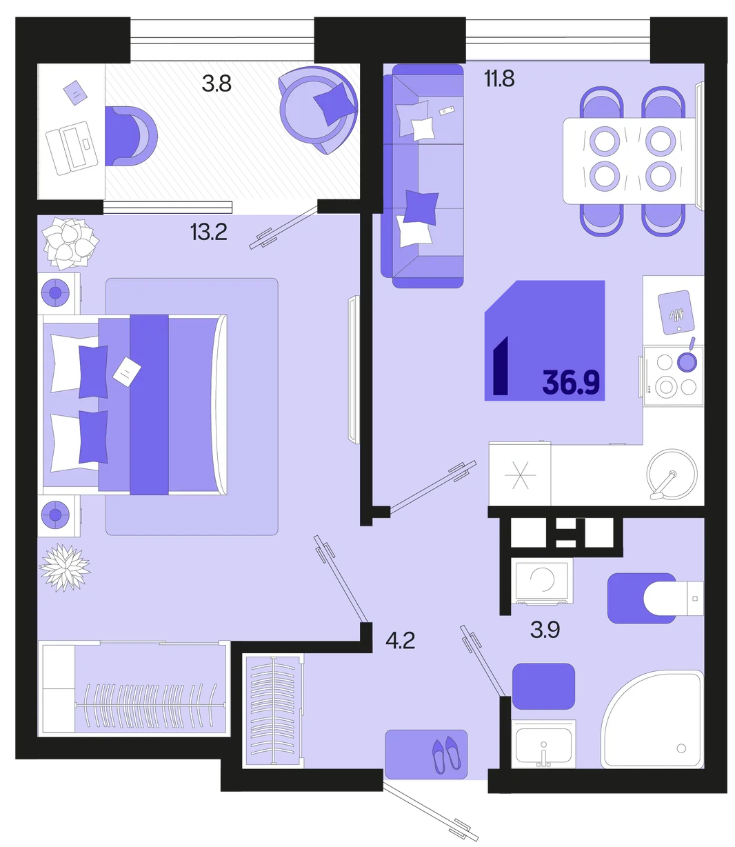 Планировка 1-комн. квартира, 36.9 м² ЖК «Первое место»