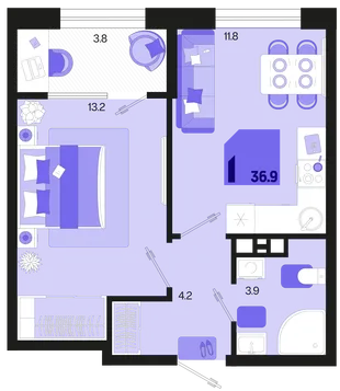Планировка 1-комн. квартира, 36.9 м² ЖК «Первое место»