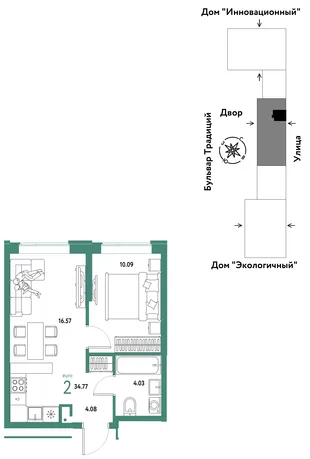 Планировка 2-комн. квартира, 34.77 м² ЖК «Микрорайон Домашний»