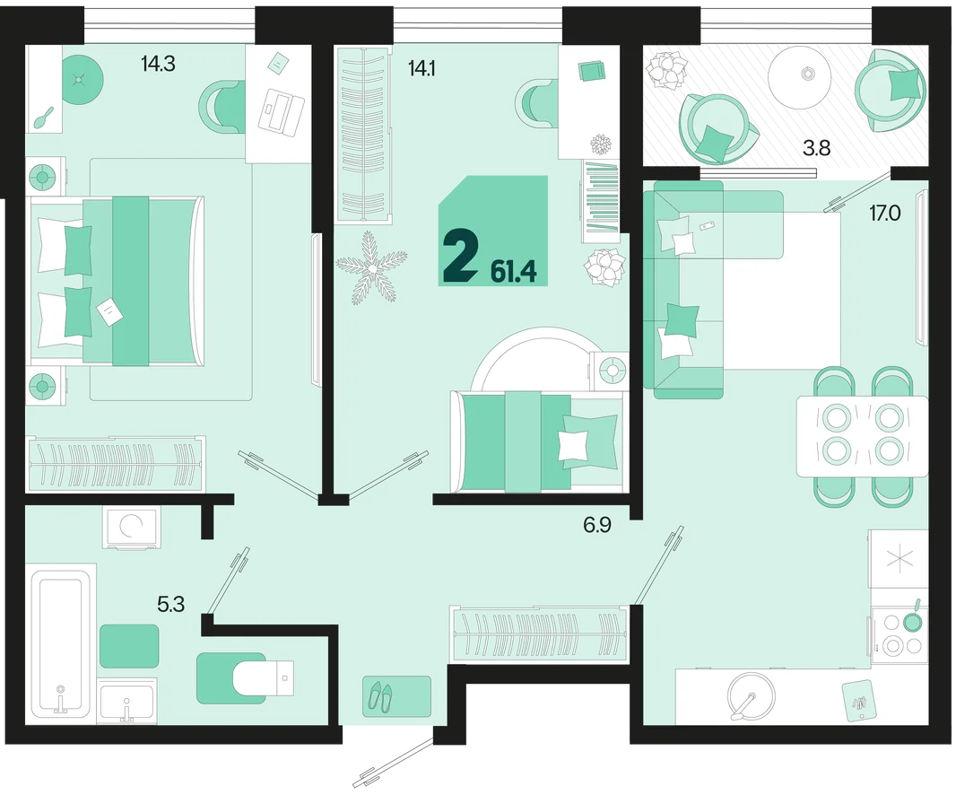 Планировка 2-комн. квартира, 61.4 м² ЖК «Первое место»