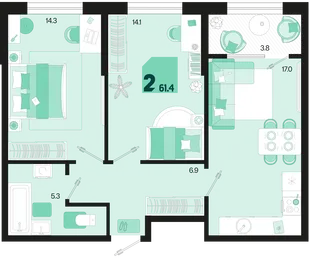 Планировка 2-комн. квартира, 61.4 м² ЖК «Первое место»