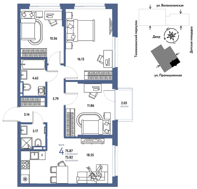 Планировка 4-комн. квартира, 75.87 м² ЖК «Страна Прибрежная» Планировка 4-комн. квартира, 75.87 м² ЖК «Страна Прибрежная»