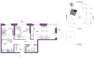Планировка 3-комн. квартира, 69.97 м² ЖК «Уральский сад»