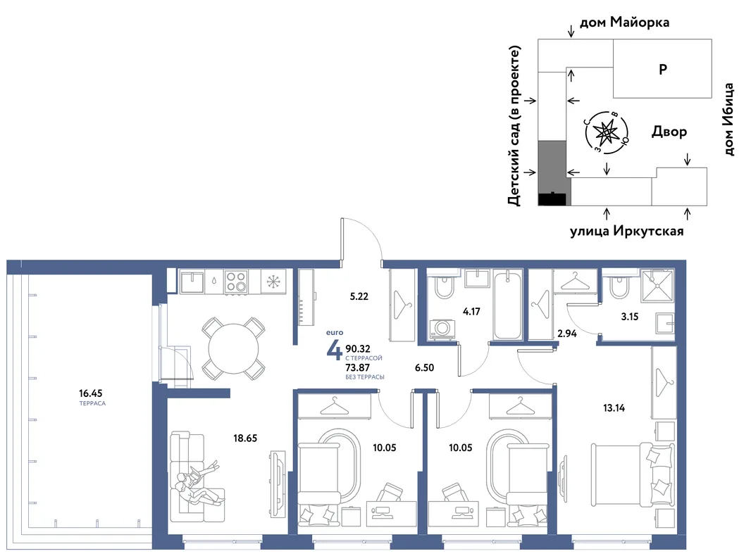 Планировка 4-комн. квартира, 90.32 м² ЖК «Остров-сад»