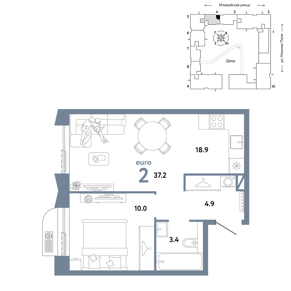 Планировка 2-комн. квартира, 37.2 м² ЖК «Страна.Заречная»