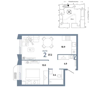 Планировка 2-комн. квартира, 37.2 м² ЖК «Страна.Заречная»