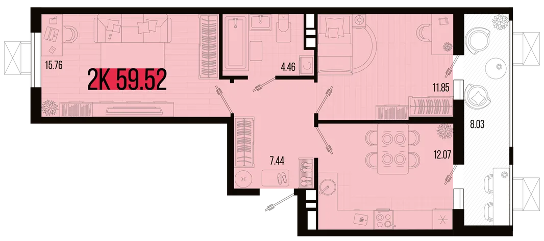 Планировка 2-комн. квартира, 55.55 м² ЖК «Цветной бульвар»