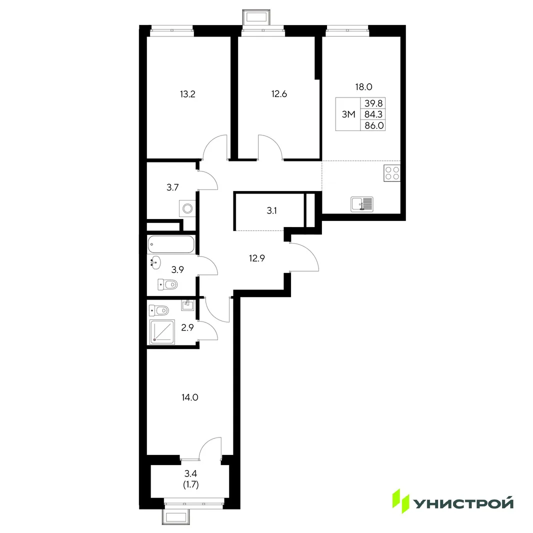 Планировка 3-комн. квартира, 86 м² ЖК «Стадиум»