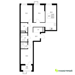 Планировка 3-комн. квартира, 86 м² ЖК «Стадиум»