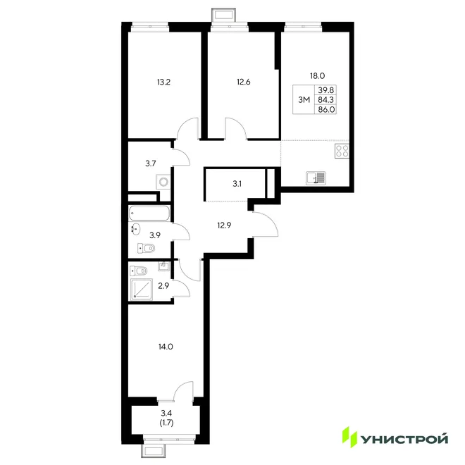 Планировка 3-комн. квартира, 86 м² ЖК «Стадиум» Планировка 3-комн. квартира, 86 м² ЖК «Стадиум»