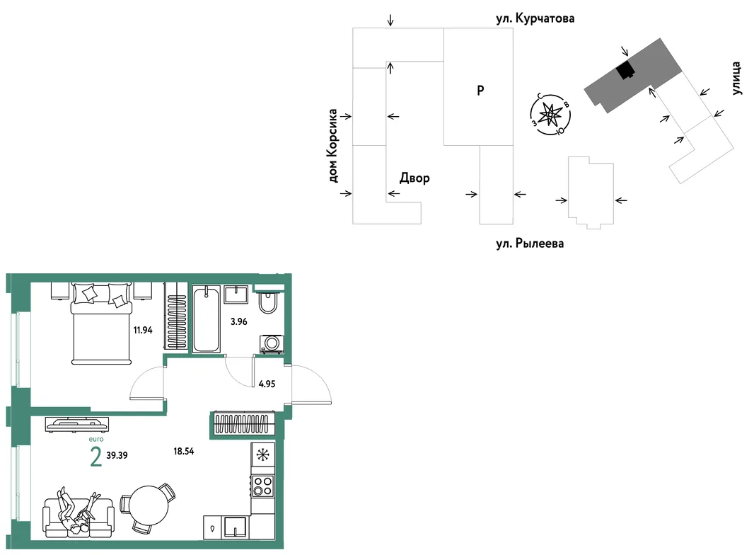 Планировка 2-комн. квартира, 39.72 м² ЖК «Остров-сад»