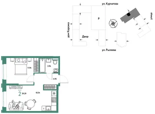 Планировка 2-комн. квартира, 39.72 м² ЖК «Остров-сад»